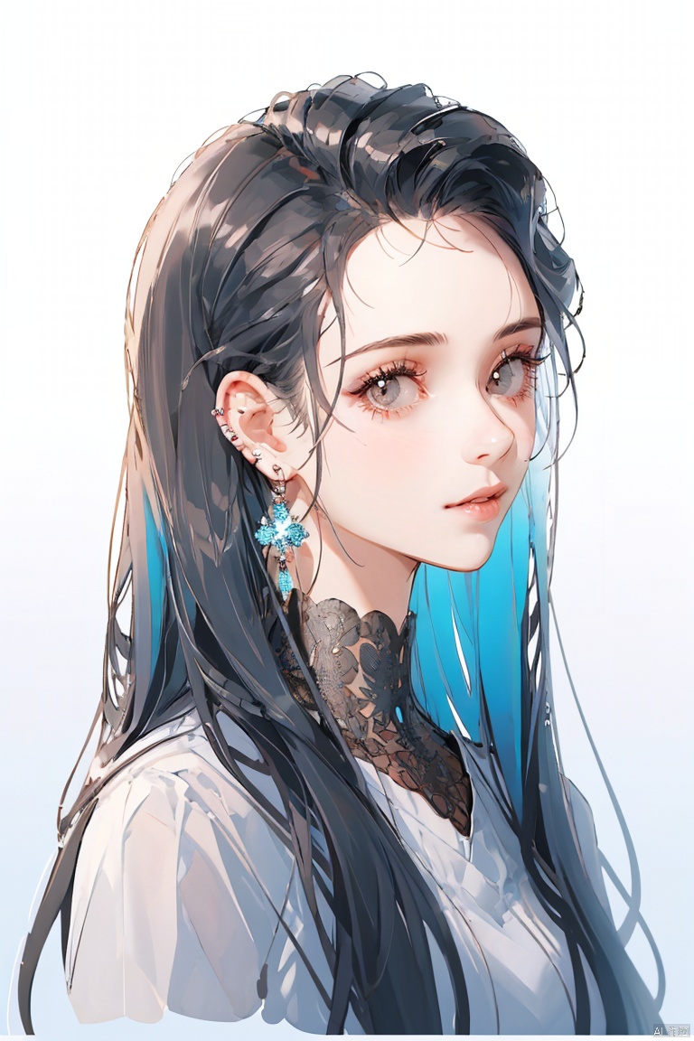  1girl, solo, long hair, looking at viewer, bangs, simple background, black hair, white background, brown eyes, jewelry, closed mouth, upper body, earrings, lips, gradient, parted bangs, gradient background, eyelashes, makeup, portrait, forehead, guidao, qzidol, BJ_Violent_graffiti