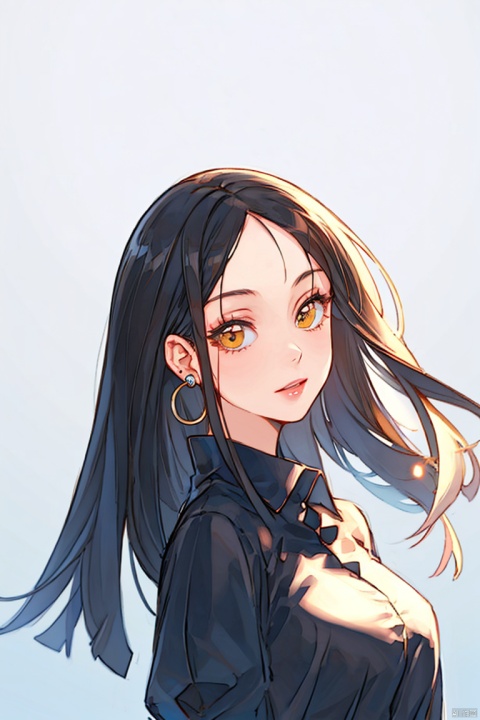  1girl, solo, long hair, looking at viewer, bangs, simple background, black hair, white background, brown eyes, jewelry, closed mouth, upper body, earrings, lips, gradient, parted bangs, gradient background, eyelashes, makeup, portrait, forehead, guidao, qzidol, BJ_Violent_graffiti