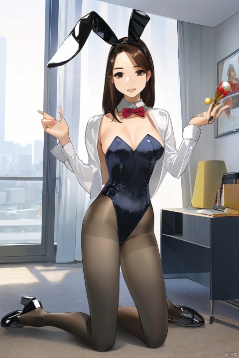  1girl, solo, amazing, impasto, detailed, beautiful color, by yomu, long hair, breasts, looking at viewer, bangs, brown hair, animal ears, cleavage, jacket, pantyhose, parted lips, open clothes, choker, shiny, indoors, black footwear, rabbit ears, leotard, open jacket, lips, shiny skin, book, kneeling, fake animal ears, highleg, black choker, playboy bunny, curtains, black leotard, shiny clothes, realistic, lamp, book stack, carpet