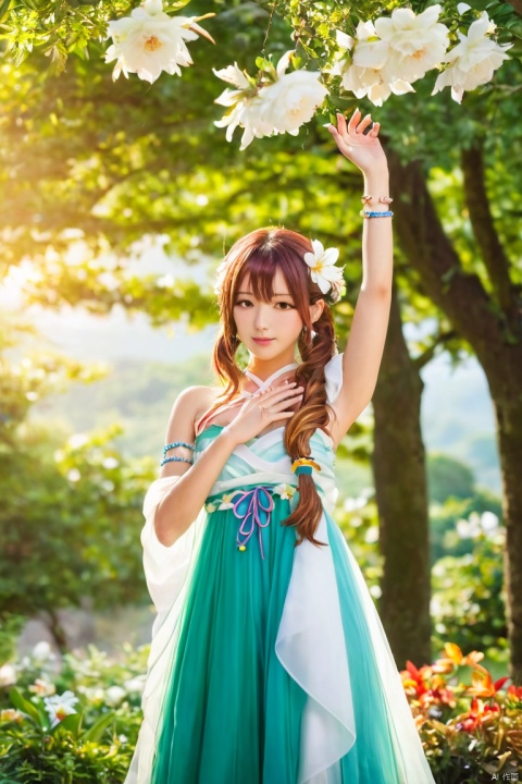  (score_9,score_8_up,score_7_up,score_6_up,score_5_up,score_4_up),1girl, solo, beautiful hair, colorful exquisite dress, holding, jewelry, closed mouth, flower, bracelet, hands up, plant, white flower, hair over shoulder, Kamisato Ayaka \(genshin impact\)