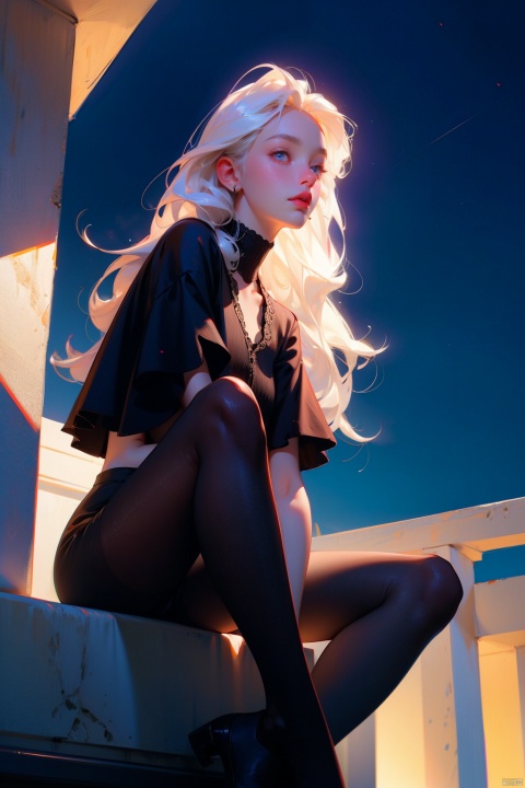  Best Quality, Hyper-Realistic, (Ultra High Resolution), Masterpiece, 8K, RAW Photo, Cover Art, Light, Photo Art, Realistic,1girl,white hair,long hair,blue eyes,streetm,night sky,from below,mouth_open,black pantyhose,Sitting, roof,balcony,