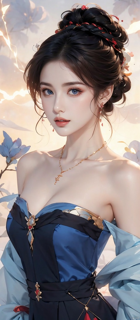  1girl, female solo, (medium breasts:), ((upper body:0.7)), masterpiece, jewelry,off shoulder, black hair, blue dress, blue eyes, chest, earrings, dress, earrings, floating hair, jewelry, sleeveless, short hair,Looking at the observer, parted lips, pierced,energy,electricity,magic,