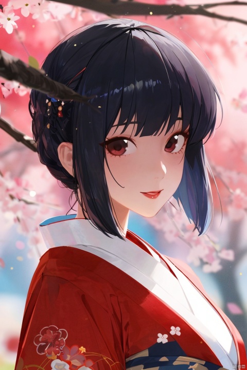 1girl, by 5eyo,amazing quality,photorealistic,detailed,beautiful color,beautiful,solo, looking at viewer, short hair, black hair, closed mouth, upper body, multicolored hair, japanese clothes, kimono, hair bun, black eyes, lips, single hair bun, portrait, white kimono, branch, red lips