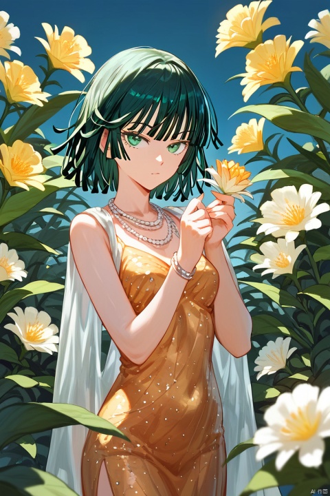  (score_9,score_8_up,score_7_up,score_6_up,score_5_up,score_4_up),1girl, solo, beautiful hair,colorful exquisite dress, holding, jewelry, closed mouth, flower, bracelet, hands up, plant, white flower, hair over shoulder,fubuki\(one punch man\)