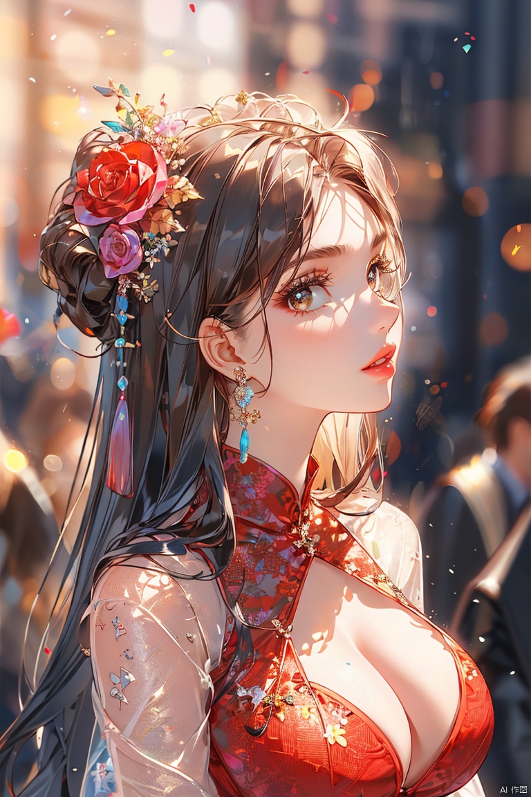  1girl, solo, long hair, huge breasts, looking at viewer, large breasts, brown hair, hair ornament, dress, cleavage, brown eyes, upper body, flower, parted lips, solo focus, hair flower, blurry, lips, see-through, floral print, red dress, ground vehicle, red lips, Rainbow foil