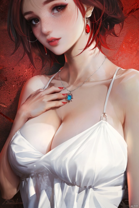  1girl, by ,amazing quality,photorealistic,detailed,beautiful color,beautiful,solo, breasts, looking at viewer, short hair, blonde hair, large breasts, brown hair, dress, cleavage, jewelry, earrings, parted lips, necklace, white dress, lips, ring, freckles, realistic, brown_hair