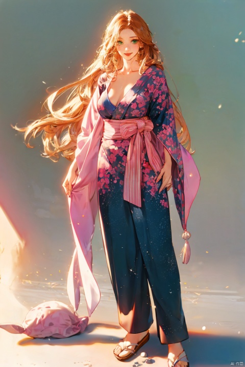 1girl, solo, long hair, breasts, looking at viewer, blush, smile, blonde hair, large breasts, simple background, cleavage, jewelry, green eyes, standing, collarbone, full body, japanese clothes, open clothes, barefoot, pants, grey background, necklace, feet, lips, hand on hip, no bra, toes, toenails, matsumoto rangiku, qianjin