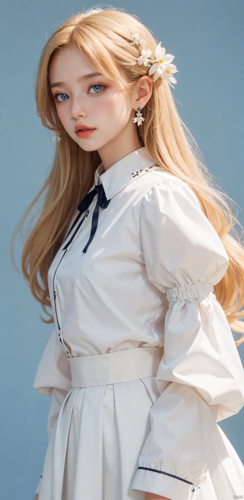  1girl, solo, long hair, skirt, blonde hair, simple background, shirt, long sleeves, white background, ribbon, jewelry, blue eyes, white shirt, flower, earrings, parted lips, puffy sleeves, black skirt, lips, eyelashes, makeup, white flower, blouse, facing viewer, high-waist skirt, v arms, red lips