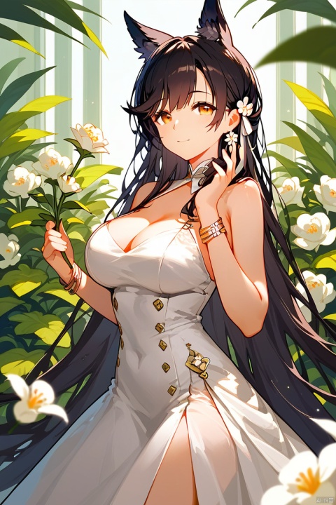  (score_9,score_8_up,score_7_up,score_6_up,score_5_up,score_4_up),1girl, solo, beautiful hair, colorful exquisite dress, holding, jewelry, closed mouth, flower, bracelet, hands up, plant, white flower, hair over shoulder,atago \(azur lane\)