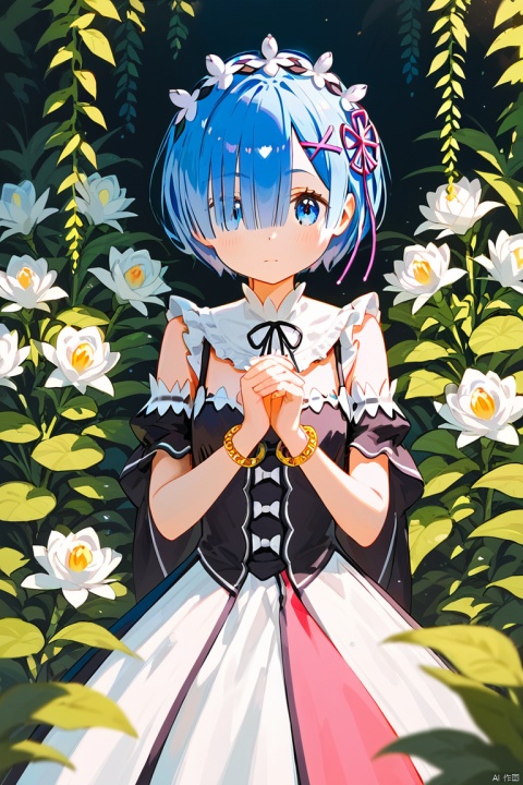  (score_9,score_8_up,score_7_up,score_6_up,score_5_up,score_4_up),1girl, solo, beautiful hair, colorful exquisite dress, holding, jewelry, closed mouth, flower, bracelet, hands up, plant, white flower, hair over shoulder,rem \(re:zero\)