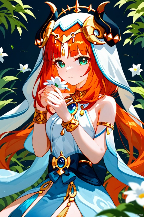  (score_9,score_8_up,score_7_up,score_6_up,score_5_up,score_4_up),1girl, solo, beautiful hair, colorful exquisite dress, holding, jewelry, closed mouth, flower, bracelet, hands up, plant, white flower, hair over shoulder, nilou \(genshin impact\)