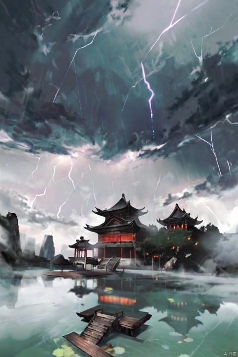  by chi4, (score_9,score_8_up,score_7_up,score_6_up,score_5_up), ancient chinese style, The clouds darken as if about to rain, the water ripples and mist rises, amidst the thunderous roar of lightning splitting the sky asunder