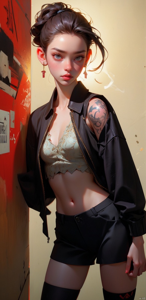  Best Quality, Hyper-Realistic, (Ultra High Resolution), Masterpiece, 8K, RAW Photo, Cover Art, Light, Photo Art, Realistic, Bar and Nightclub,Gangster Girl, Tattoo, Cigarette, Ripped Tights, slicked back hairstyle, staring gaze, graffiti on wall, subtle sneer, rough vibe, rebellious Posture, Loyalty Tattoo, Scar Above Eyebrow, (Danger:1.7) (Tension:1.6) (Cinematic Lighting:1.4),Bar and Nightclub