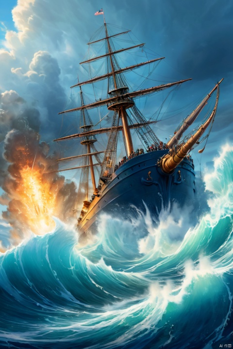 The fierce Leviathan, its scales a deep oceanic blue, rises from the depths of the sea to confront a fleet of naval warships armed with cannons and torpedoes, its mighty tail churning the waves into a frothy maelstrom that capsizes several vessels, as it spews forth a geyser of water that drenches the sailors in salty brine.
