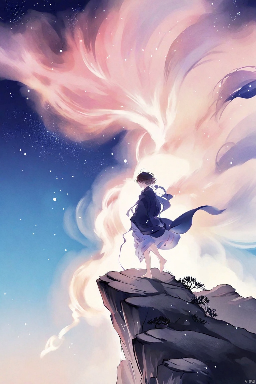 by ajimita, Tie dyeing style, Tie dyeing,Shinkai Makoto style, a whimsical digital illustration of a solitary figure standing on a cliff overlooking the vast starry sky. The figure has a wistful expression, his hair blown by the wind and his robe flowing. The sky is filled with rotating galaxies and constellations, creating a fantastic atmosphere. Bright colors, ethereal lights