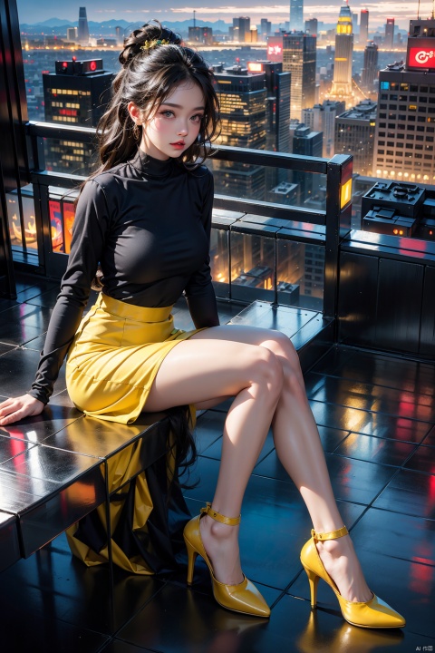  (extremely detailed CG unity 8k wallpaper),(ultra-detailed),masterpiece,best quality,,\\,,1 girl,robot cyborg realistic full body,black pantyhose,cyberpunk,sitting on roof,cityscape,night,building,skyscraper,multicolored hair,lift hair,from above,
, xiqing, 1girl,high_heels,pencil_skirt,yellow_footwear