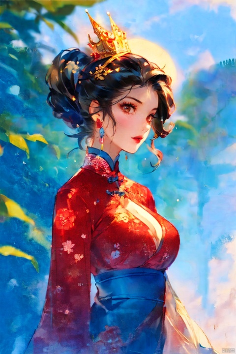  1girl, solo, long hair, huge breasts, looking at viewer, large breasts, brown hair, hair ornament, dress, cleavage, brown eyes, upper body, flower, parted lips, solo focus, hair flower, blurry, lips, see-through, floral print, red dress, ground vehicle, red lips, watercolor \(medium\), Ink scattering_Chinese style, Gauze Skirt