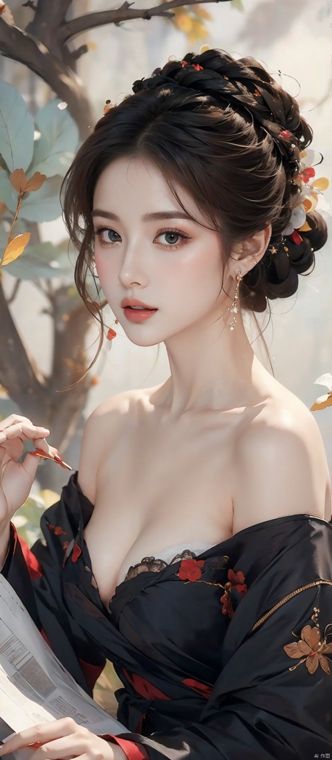  1girl, female solo, (medium breasts:), ((upper body:0.7)),glint sparkle, masterpiece, 1 girl, Stand, {black hair}, jewelry, Earrings,Black silk, {JK}, Newspaper wall, huge filesize, extremely detailed, 8k wallpaper, highly detailed, best quality,sssr, chunyu
