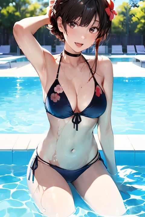 by ,amazing quality,photorealistic,detailed,beautiful color,beautiful,long hair, breasts, looking at viewer, blush, smile, open mouth, bangs, multiple girls, blonde hair, brown hair, black hair, hair ornament, navel, 2girls, cleavage, bare shoulders, brown eyes, medium breasts, sitting, closed mouth, collarbone, swimsuit, flower, bikini, thighs, small breasts, outdoors, choker, day, hair flower, medium hair, water, stomach, side-tie bikini bottom, black choker, floral print, blue bikini, pool, soaking feet, poolside