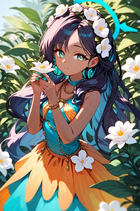 (score_9,score_8_up,score_7_up,score_6_up,score_5_up,score_4_up),1girl, solo, beautiful hair, colorful exquisite dress, holding, jewelry, closed mouth, flower, bracelet, hands up, plant, white flower, hair over shoulder, marina \(blue archive\)