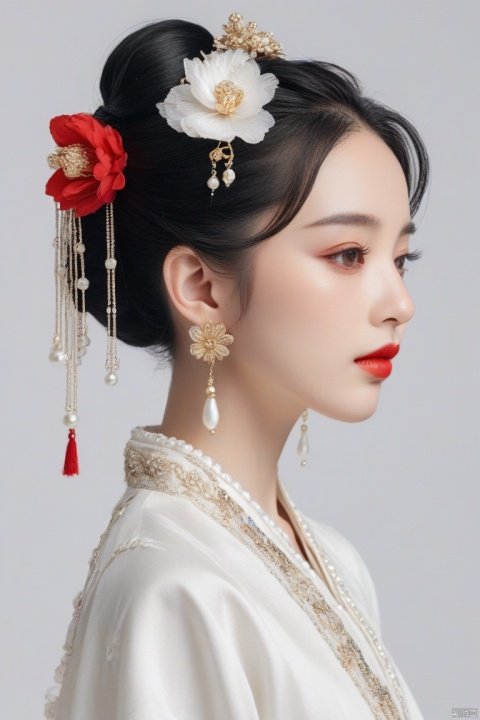 (masterpiece, top quality, best quality, official art, beautiful and aesthetic:1.2),meixue, 1girl, hair ornament, solo, jewelry, earrings, beads, looking at side, flower, black hair, make up, chinese clothes, from side, red lips, closed mouth, hair flower, pearl \(gemstone\), white background, upper body, tassel, hair bun