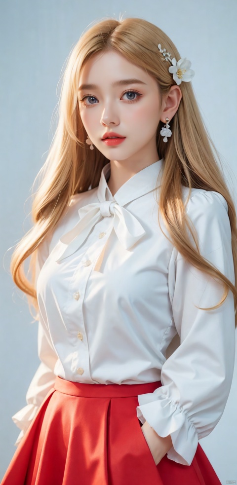  1girl, solo, long hair, skirt, blonde hair, simple background, shirt, long sleeves, white background, ribbon, jewelry, blue eyes, white shirt, flower, earrings, parted lips, puffy sleeves, black skirt, lips, eyelashes, makeup, white flower, blouse, facing viewer, high-waist skirt, v arms, red lips