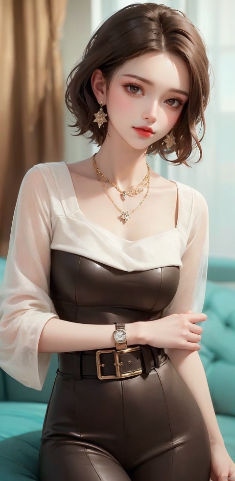  1girl, solo, looking at viewer, short hair, brown hair, jewelry, standing, earrings, belt, necklace, bracelet, makeup, ring, lipstick, watch, red lips, wristwatch, sufei, yunbin