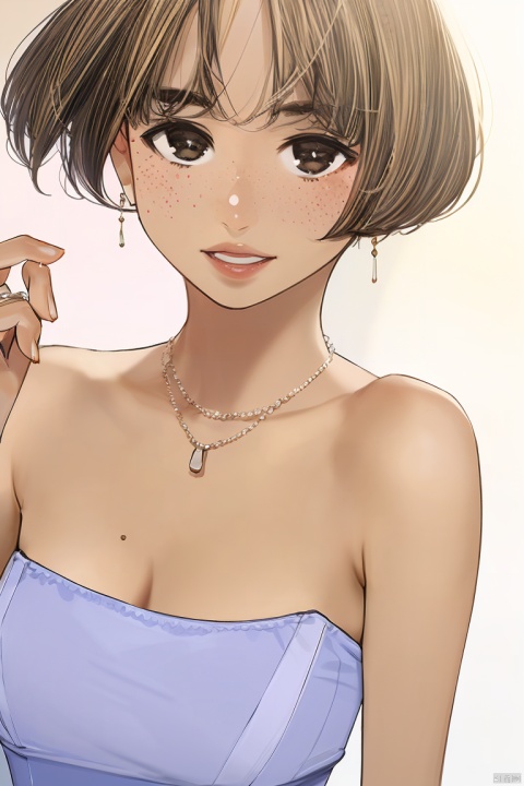 1girl, by yomu,amazing quality,photorealistic,detailed,beautiful color,beautiful,solo, breasts, looking at viewer, short hair, blonde hair, large breasts, brown hair, dress, cleavage, jewelry, earrings, parted lips, necklace, white dress, lips, ring, freckles, realistic