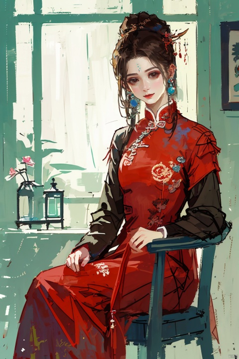 1girl, by shiren,amazing quality,photorealistic,detailed,beautiful color,beautiful,solo, long hair, looking at viewer, smile, brown hair, black hair, red dress, brown eyes, sitting, window, chair, chinese clothes, china dress, realistic, qingsha