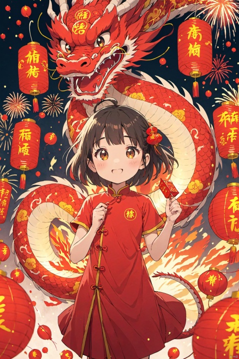  1 girl, red dress, Chinese New Year, lanterns, cute Chinese dragon, fireworks, firecrackers, happy Chinese New Year,