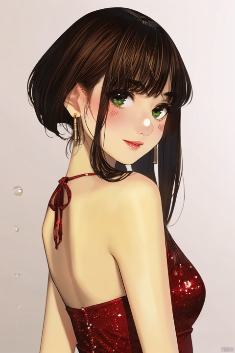 1girl,by yomu,amazing quality,photorealistic,detailed,beautiful color,beautiful, solo, long hair, breasts, looking at viewer, simple background, brown hair, black hair, dress, cleavage, bare shoulders, jewelry, medium breasts, green eyes, earrings, sleeveless, grey background, lips, gradient, gradient background, makeup, red dress, qianjin