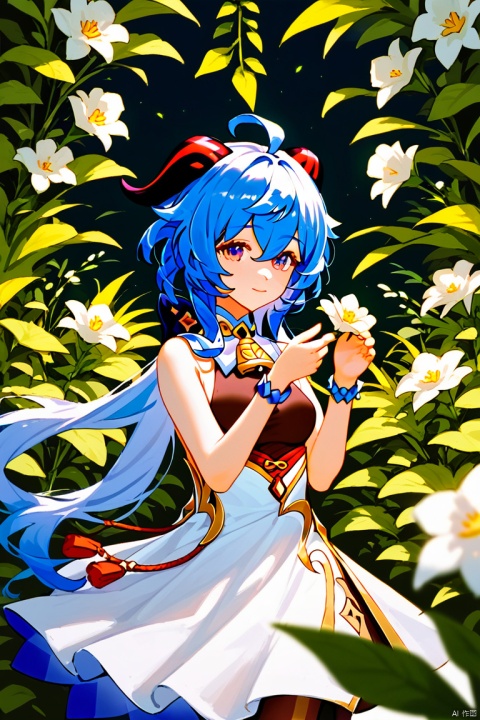  (score_9,score_8_up,score_7_up,score_6_up,score_5_up,score_4_up),1girl, solo, beautiful hair, colorful exquisite dress, holding, jewelry, closed mouth, flower, bracelet, hands up, plant, white flower, hair over shoulder,ganyu \(genshin impact\)