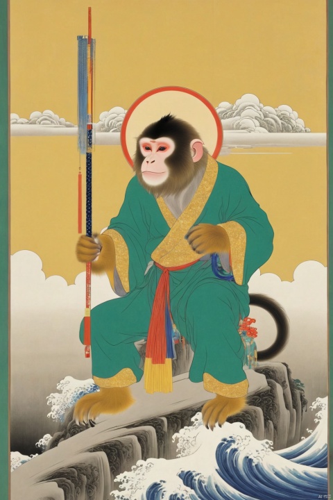The golden monkey rises with a thousand-catty rod, and the jade universe clears up ten thousand miles of dust.
