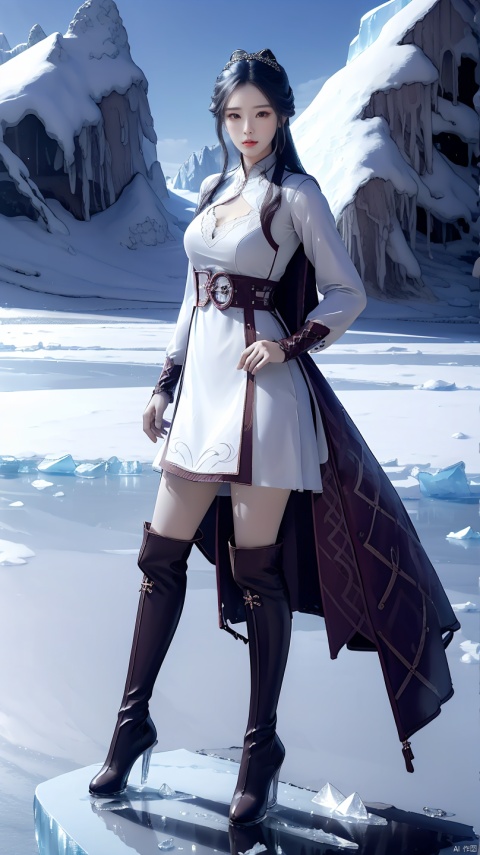 ,1 girl,solo,long hair,thigh,dress,very long hair,,full body,boots,thigh boots,ice,ice,crystal,full body