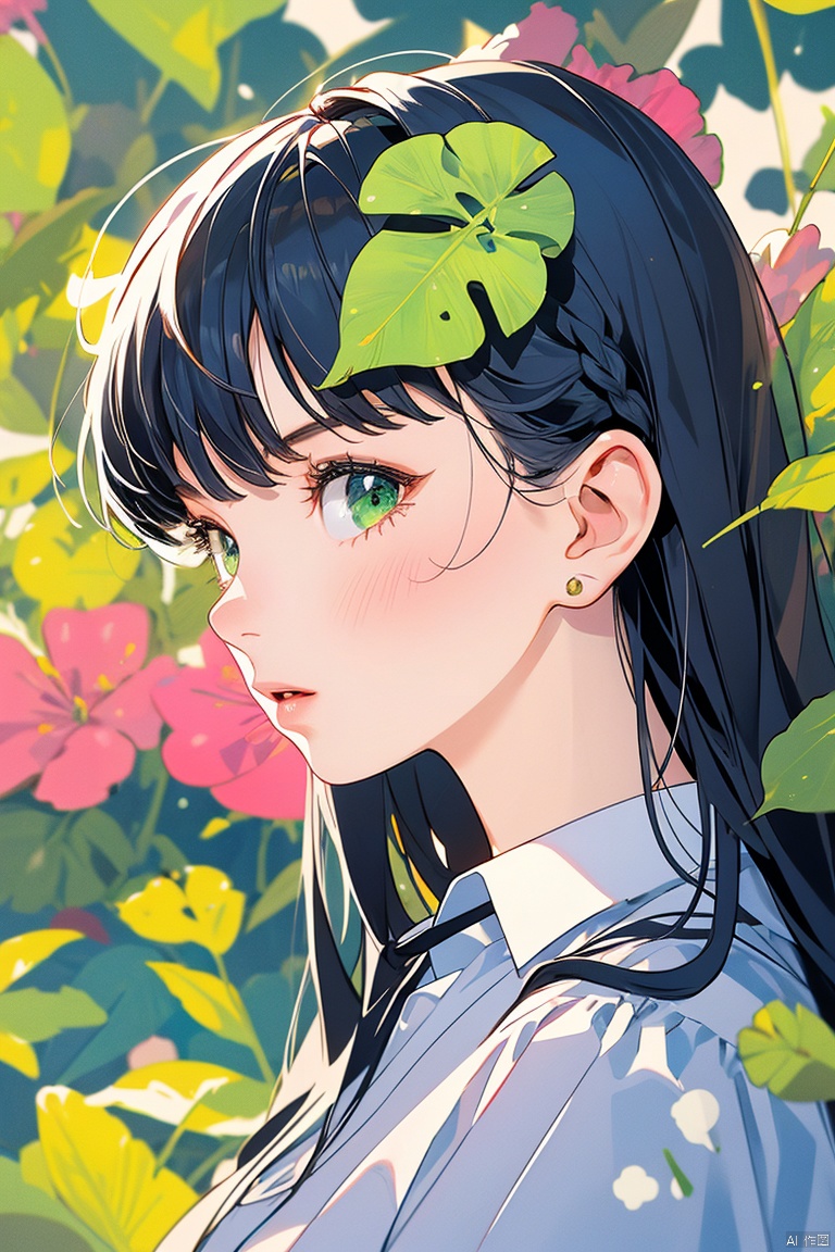 1girl, solo, long hair, looking at viewer, blush, bangs, shirt, black hair, green eyes, white shirt, upper body, leaf, plant, covered mouth, clover, four-leaf clover, Memphis
