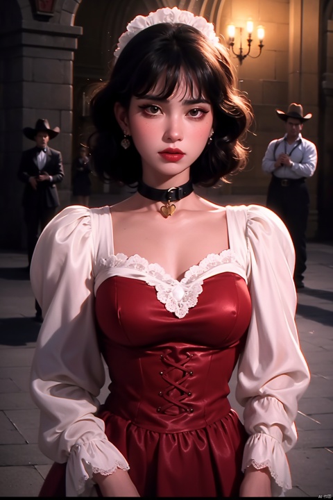  Dvd screengrab, from 1985 dark fantasy film, vintage style art, Kodachrome Photograph of a woman with pronounced hyper - feminine features designed to attract marriage - minded woman, hyper - realistic, high detail, realsitic shadow, cowboy shot, jumpsuits, lace, cleave, v shape collar, collarbone, , fujian
