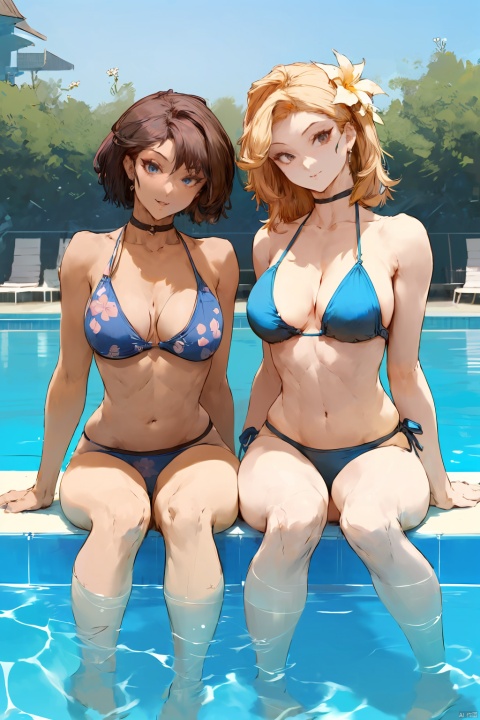 2girls,by cutesexyrobutts,amazing quality,photorealistic,detailed,beautiful color,beautiful,long hair, breasts, looking at viewer, blush, smile, open mouth, bangs, multiple girls, blonde hair, brown hair, black hair, hair ornament, navel, 2girls, cleavage, bare shoulders, brown eyes, medium breasts, sitting, closed mouth, collarbone, swimsuit, flower, bikini, thighs, small breasts, outdoors, choker, day, hair flower, medium hair, water, stomach, side-tie bikini bottom, black choker, floral print, blue bikini, pool, soaking feet, poolside, 