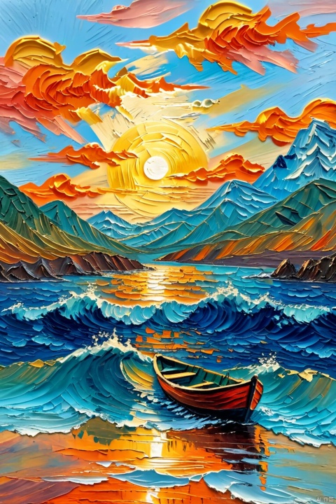  Impressionism fine art impasto on canvas by Van Gogh. Blissful sunset hues.outdoors, sky, cloud, water, no humans, ocean, cloudy sky, scenery, reflection, sunset, mountain, sun, watercraft, waves, boat, orange sky,airbrush painting. Atmospheric, moody, rustic.