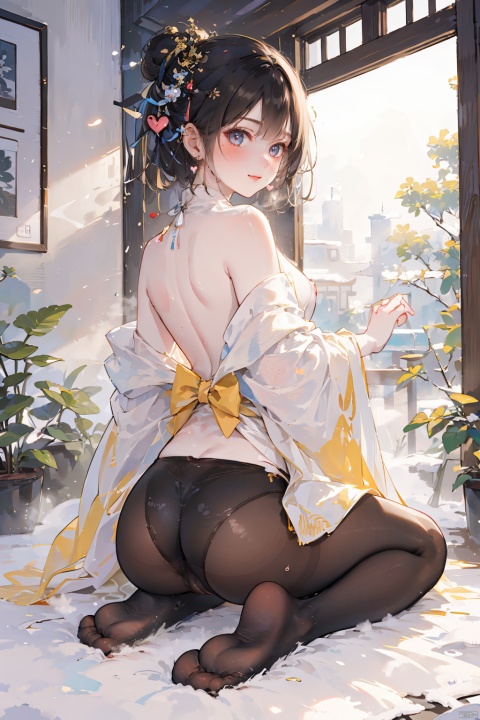  1girl, by ,amazing quality,photorealistic,detailed,beautiful color,beautiful,solo, looking at viewer, blush, smile, short hair, blonde hair, black hair, sitting, closed mouth, full body, ass, heart, pantyhose, multicolored hair, looking back, indoors, medium hair, from behind, mole, feet, two-tone hair, black pantyhose, toes, back, no shoes, soles, topless, seiza, steaming body