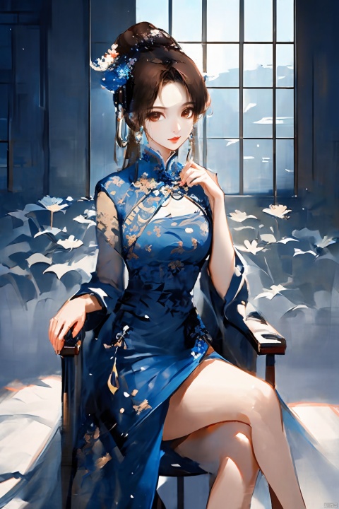  1girl, by ,amazing quality,photorealistic,detailed,beautiful color,beautiful,solo, long hair, looking at viewer, smile, brown hair, black hair, dress, brown eyes, sitting, window, chair, chinese clothes, china dress, realistic