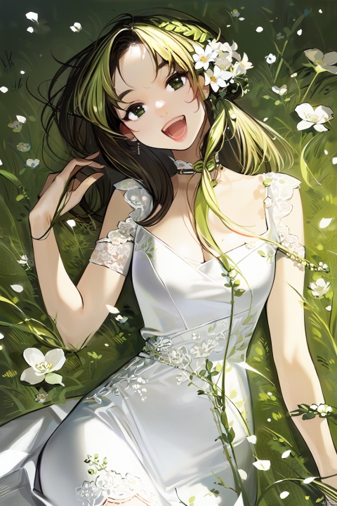  by yomu,amazing quality,photorealistic,detailed,beautiful color,beautiful,(best quality),(masterpiece),1girl, flower,white dress, solo, green hair, long hair, smile, open mouth, looking at viewer, bangs, white flower, green eyes,
, (/qingning/), (\MBTI\), (\ji jian\)