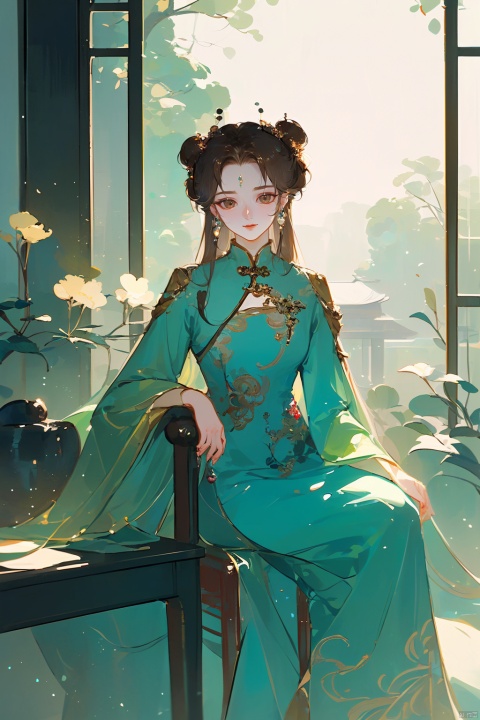  1girl, by 3meiji,amazing quality,photorealistic,detailed,beautiful color,beautiful,solo, long hair, looking at viewer, smile, brown hair, black hair, dress, brown eyes, sitting, window, chair, chinese clothes, china dress, realistic