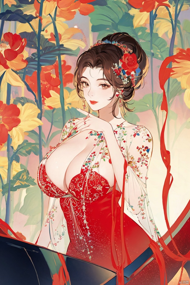  1girl, solo, long hair, huge breasts, looking at viewer, large breasts, brown hair, hair ornament, dress, cleavage, brown eyes, upper body, flower, parted lips, solo focus, hair flower, blurry, lips, see-through, floral print, red dress, ground vehicle, red lips, Zhangdaqian