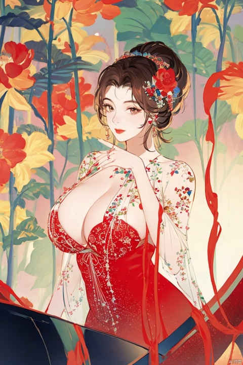  1girl, solo, long hair, huge breasts, looking at viewer, large breasts, brown hair, hair ornament, dress, cleavage, brown eyes, upper body, flower, parted lips, solo focus, hair flower, blurry, lips, see-through, floral print, red dress, ground vehicle, red lips, Zhangdaqian