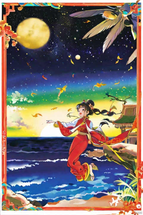  by yoneyama mai, (score_9,score_8_up,score_7_up,score_6_up,score_5_up), ancient chinese style, moon rise above the ocean, starry starry night, ocean