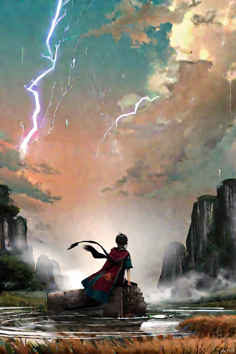 by narue, by wlop, (score_9,score_8_up,score_7_up,score_6_up,score_5_up), ancient chinese style, The clouds darken as if about to rain, the water ripples and mist rises, amidst the thunderous roar of lightning splitting the sky asunder