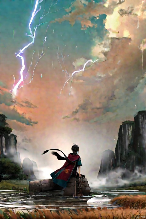 by narue, by wlop, (score_9,score_8_up,score_7_up,score_6_up,score_5_up), ancient chinese style, The clouds darken as if about to rain, the water ripples and mist rises, amidst the thunderous roar of lightning splitting the sky asunder