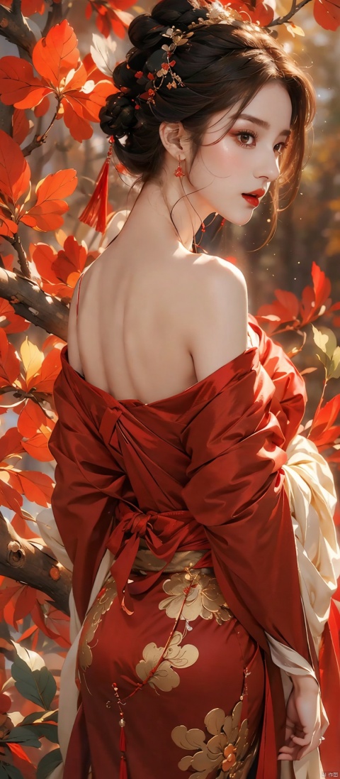 1girl, female solo, (medium breasts:), ((upper body:0.7)), (Red theme:1.2), cute girl, glint sparkle,1girl,solo,hair bun,hanfu,water,bare shoulders,black hair,chinese clothes,off shoulder,dress,long sleeves,hair ornament,branch,single hair bun,leaf,red lips,jewelry,(complex background),(gorgeous costume:1.1),