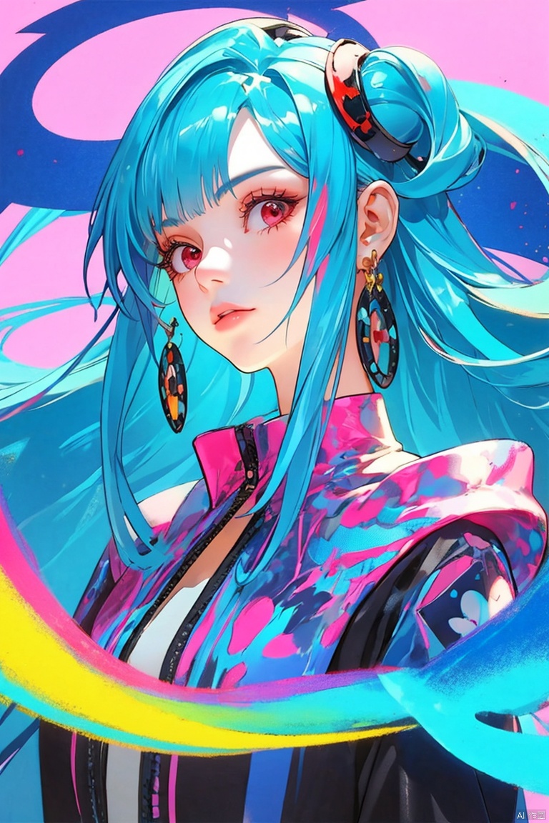 1girl, solo, long hair, looking at viewer, bangs, closed mouth, blue hair, upper body, pink hair, multicolored hair, pink eyes, multicolored eyes, multicolored background, colorful, abstract, rainbow hair, guidao