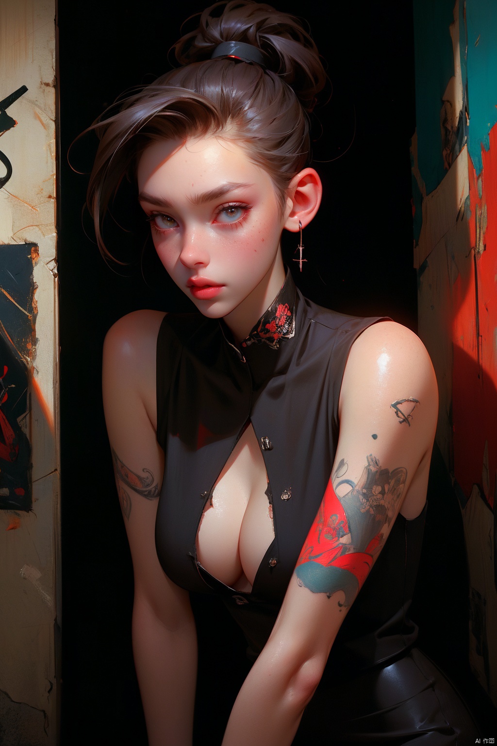  Best Quality, Hyper-Realistic, (Ultra High Resolution), Masterpiece, 8K, RAW Photo, Cover Art, Light, Photo Art, Realistic, Bar and Nightclub,Gangster Girl, Tattoo, Cigarette, Ripped Tights, slicked back hairstyle, staring gaze, graffiti on wall, subtle sneer, rough vibe, rebellious Posture, Loyalty Tattoo, Scar Above Eyebrow, (Danger:1.7) (Tension:1.6) (Cinematic Lighting:1.4),Bar and Nightclub